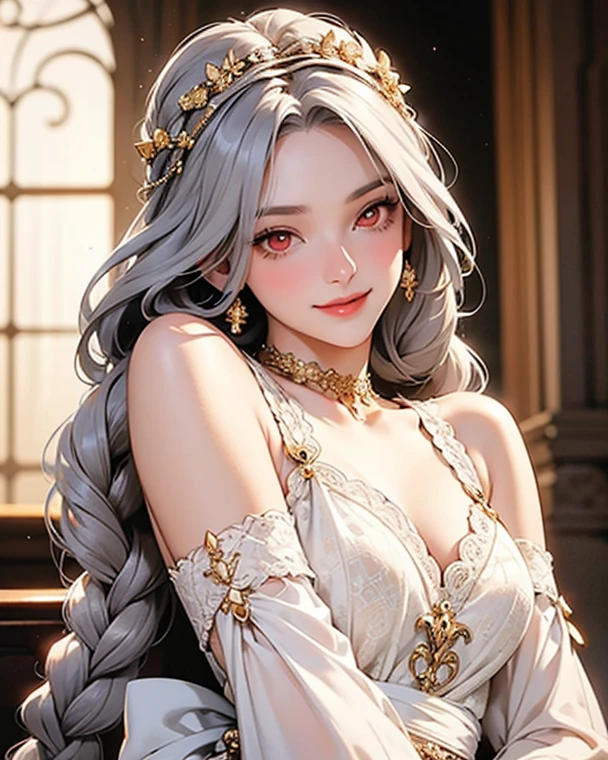 "Baroque elegance at its finest - a mature woman with absurdly high detail and resolution, her long white hair cascading down her back. Dressed in a long-sleeved, colorful, Baroque-style long dress, the highest level of detail captures the artistry and beauty of the upper body. (absurdres, highres, ultra-detailed), 1girl, solo".