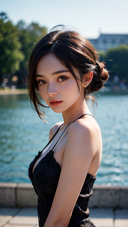 beautiful girl, brown eyes, beautiful 18 year old girl, hair color [Brown highlights hair], [undercut pixie] hair, short hair, lips, realistic, narrow waist,, pink lipstick, colorful makeup, long eyelashes, fair skin, (detailed face), detailed eyes, detailed iris, (large breasts:1.2), (annoyed), (quicksand:1.3), (swimsuit)