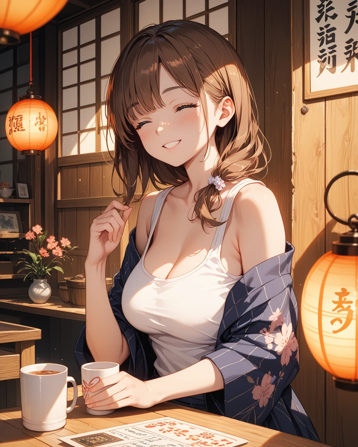 ((Highest quality)), ((masterpiece)), (detailed), One girl, yukata, Drink coffee, night,indoor, Perfect Fingers, Large Breasts