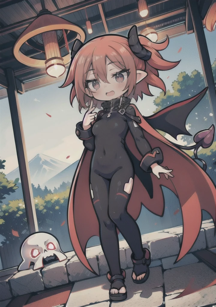 8K, 1girl, petit, adult. kawaii vampire, crimson hair, short hair, red eyes, fang, bat wings, smile, (blush), (shy), pointed ears, looking at viewer,  dynamic angle, wind, game cg, fantastic scenery, devil tail,  demon tail, thin tail, black horns, medium breast, show full body, hot springs, yokai, yokai pet, monster, latex outfit, latex, sexy, horny, shiny