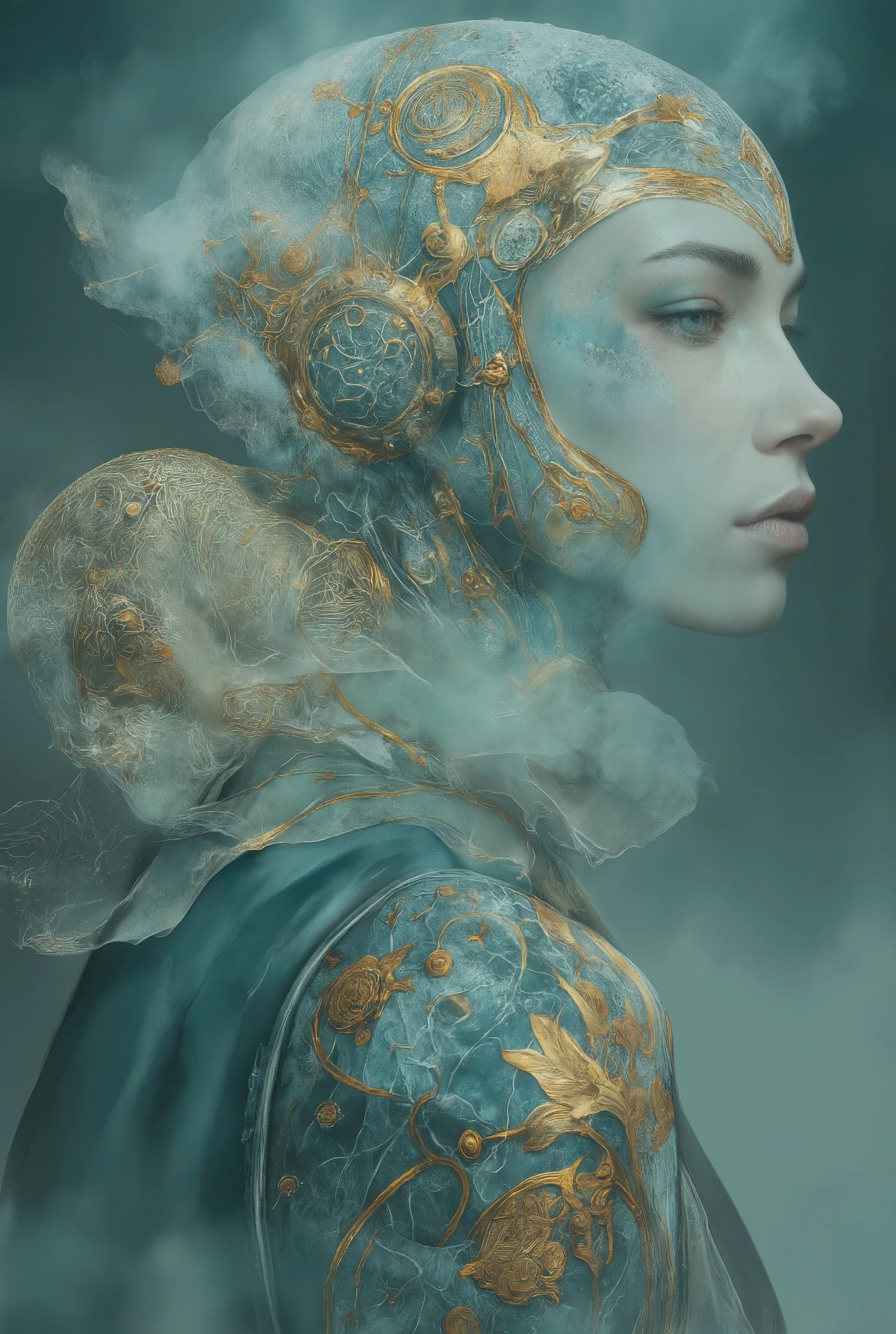 Ethereal minimalist alien cybergoth fashion pictorial photography, HEIC format, fog background in the style of teal and gold , uso di spatole , ritratto a vita, intricato, sharp _fuoco, dungeons _arte , zentangle, high details, high definition .