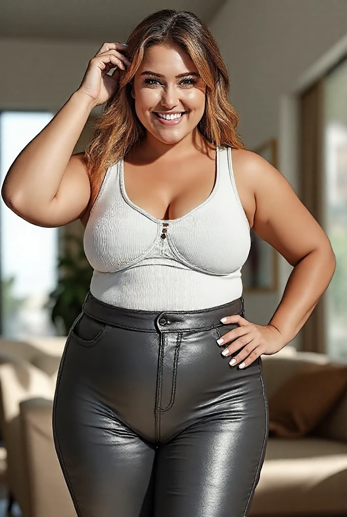 girl, young, beautiful face, cute face, smiling, fair skin, blonde hair, blue eyes, steampunk, explorer, colossal breasts, overly sagging breasts, huge breasts, covered breasts, thick thighs, very thick thighs, wide hips, round butt, shorts, brown shorts, shorts, between butt cheeks, undersized clothes, cropped top, tight top, exposed belly, full body, standing, leather top, inner side-boob, tight shorts, skindentation, fat ass, steampunk goggles on forehead, shorts stuffed in butt-cheeks, sleeveless top, side-view, showing butt, visible butt, wedgie shorts, aréola slip, plump belly, round cheeks, round belly, plump face, chubby, round face, double chin, fat girl, fat arms, fat legs, fat face