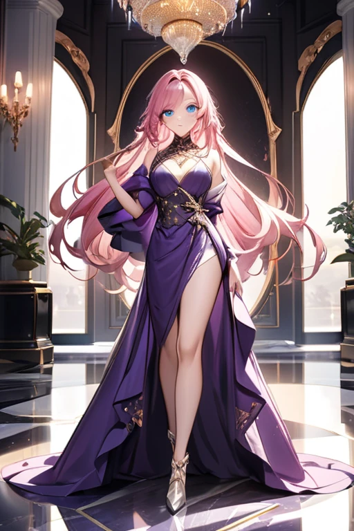 ((Лучшее качество)), ((шедевр)), (подробный), eyes make, violet lipstick, one girl, mature female, taimanin ingrid , pink hair, long straight hair, yellow eyes, tanned dark skin ,full body large breasts, cleavage, lingerie, milf, adult face ultra details, full body, extremely long eyelashes background: luxury room and silk bed