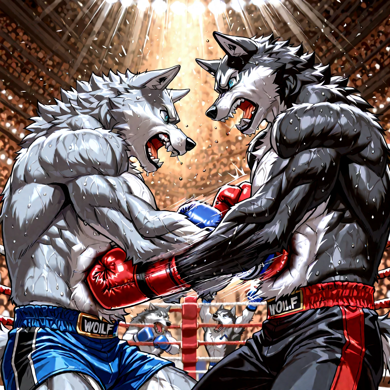 a huge muscular thick white fur polar bear bodybuilder, shirtless in blue mma shorts, blue mma gloves and blue footwear, a muscular timberwolf bodybuilder, shirtless in red mma shorts, red mma gloves and red footwear, at the mma tournament, mma polar bear vs mma wolf challenger, fighting match, hyperrealistic, 8k, photorealistic, detailed musculature, dynamic action pose, cinematic lighting, dramatic shadows, gritty realism, intense expression, raw power, ultra-detailed, vivid colors, masterpiece