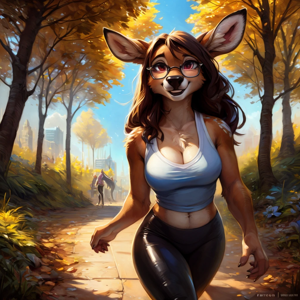 1girl, female, anthro, deer, outside, park, posing, selfie, tank top, midriff, ring_gag, large mouth, round base, 4k photography highly professionally detailed, HDR, CGsociety, art and zbrush, octane render, unreal engine, vivid colors, trending on artstation, serene forest, rain, art, <lora:ring_yiffy21_v1:0.6>
