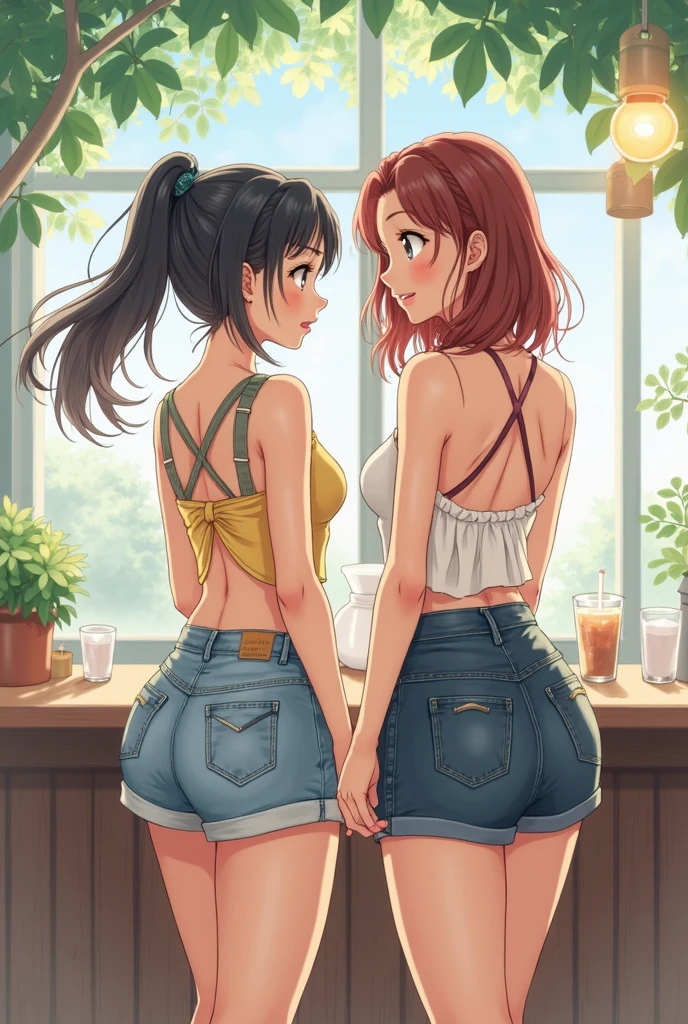A woman in a tank top and full-zip shorts making salsa sauce at a taco stand　Jeans have belts　Belly button piercing　　There are side slits　Big butt　Detail the buttocks　Detailing the groin area　