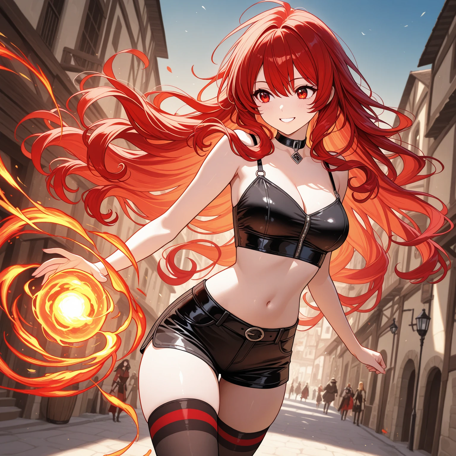 A girl with crimson red hair and maroon eyes with a black and red shirt that covers her whole torso and sweatpants and big breasts smiling and a background with volcanoes and fire