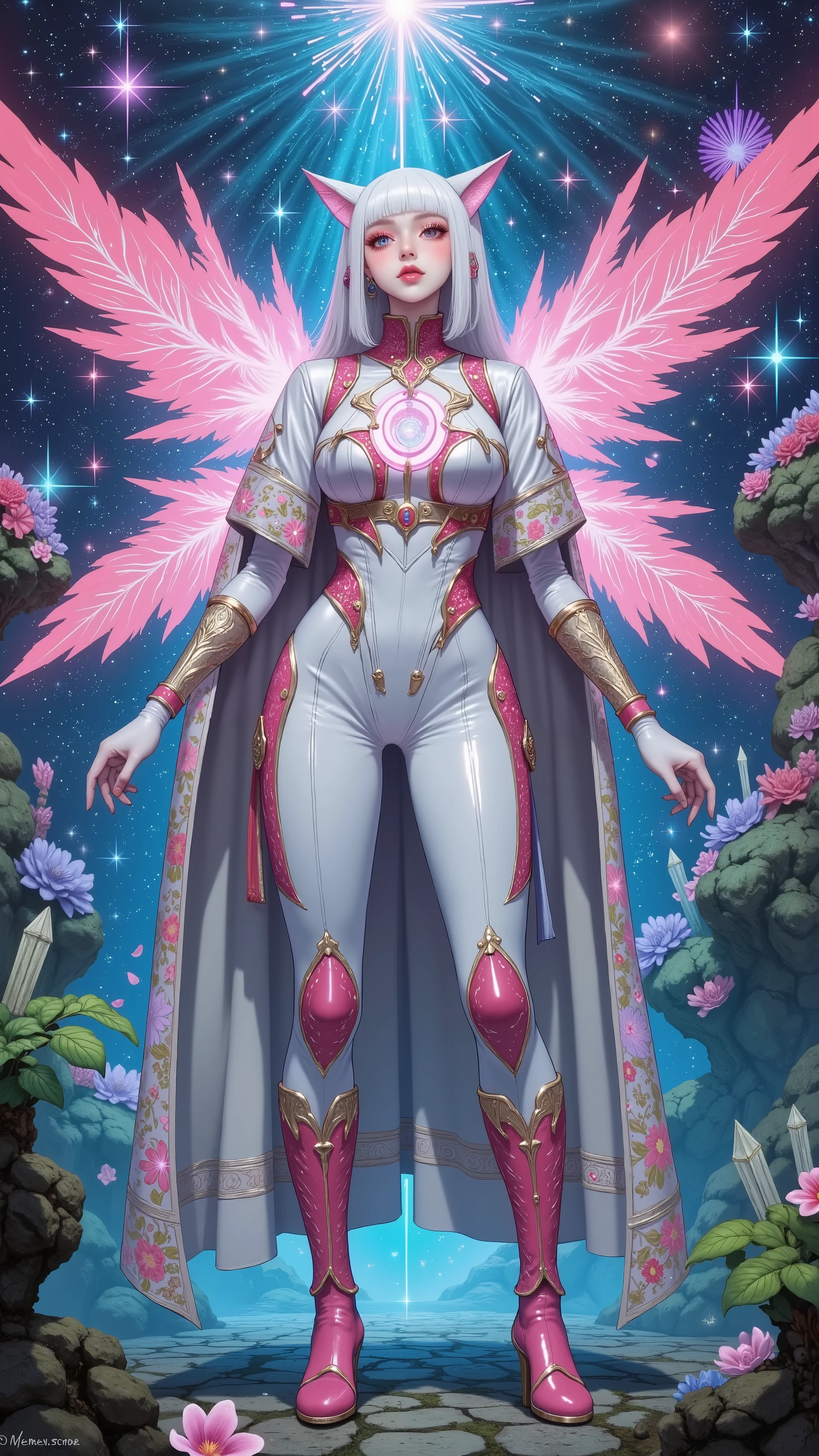 creates a romantic and sacred atmosphere,presents the bride of light, the female Ultraman。She wears white as the base color、镶嵌着Light gold与pink蓝光纹的花嫁战甲,, and the surface of the armor flows softly Light energy,texture is sacred and gorgeous。with bright and gentle light stretching behind,羽翼由淡pink与浅蓝的光芒交织而成,flashes fine starlight on the edge,Each wing seems to radiate warm and sacred energy。with fine starlight flowing through the edge of the head {x,creates a dreamy romantic style illustration,, the energy on the chest The core emits a soft halo,is also adorned with delicate flower-like light decorations。The background is a cosmic garden filled with faint nebulae,with some crystal petals and energy fragments floating,creates a romantic and sacred atmosphere。color using white、Light gold、pink、, soft tones such as blue,highlights the sanctity of Ultraman、Beautiful and powerful,to depict the flow of light in battle armor、The bright effects of the wings of light and the ethereal dream of the cosmic garden background,showing the unique image of the bride of light, Ott, the bride of light 。