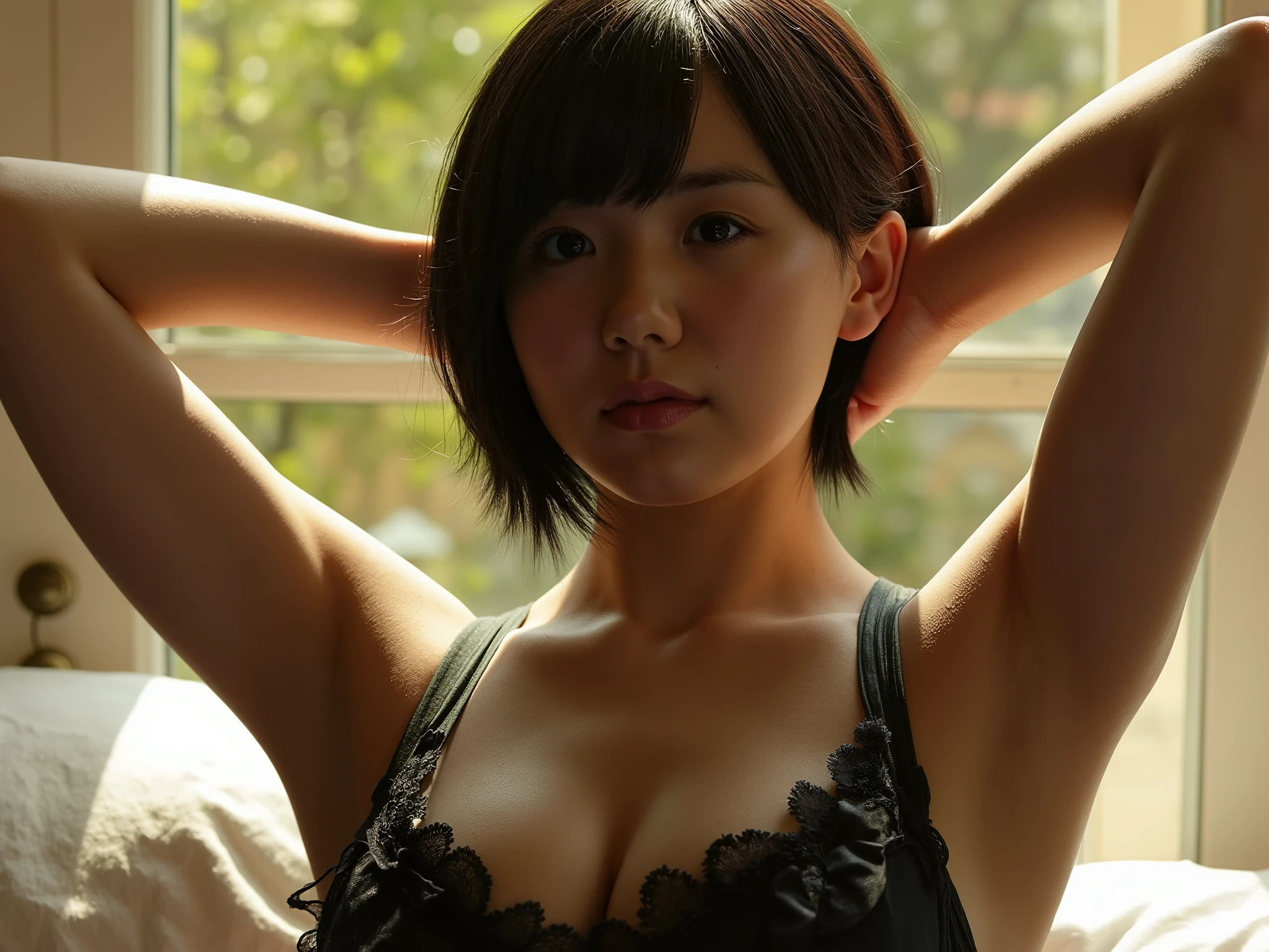 mana, small mouth, cum, hold breasts with both hands and press breasts together, beautiful lighting, very short hair, (forehead), arms behind head, goth 
fashion, on the bed, orgasm, sunlight