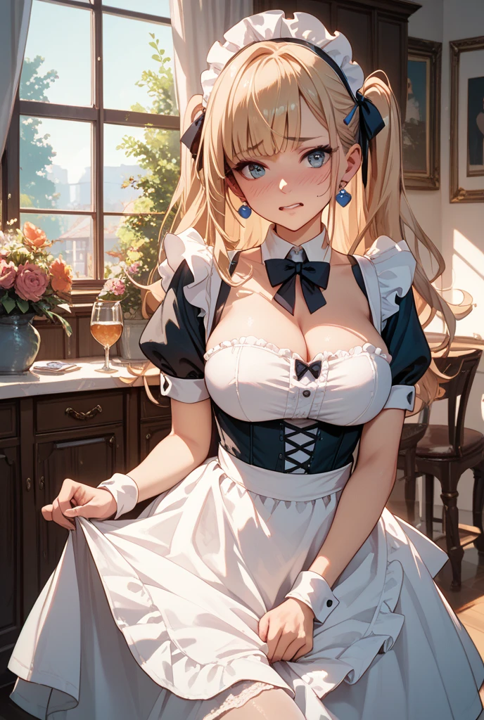 (best quality, masterpiece), (ultra high resolution, 8K RAW photo, photo realistics:1.5, cinematic lighting, textile shading, thin outline, clear focus:1.2), Beautuful Matured woman preparing tea_party in the garden, standing by the round table, serving a cup of tea, leaning forward, (meisen's tea set, tea pot, tea cups, some cakes on dish), delicate and classy French style white table with gold accents and royal_blue, (wearing light-brown-color maid uniform:1.5, breast cleavage, maid costume:1.2, long flare skirts, apron, bow ties on the chest), long tall sally, long legs, white hair, (wearing thin-flame glasses:1.2), (milf:1.5, 28 years old, solo), (large breast, sagging breast, big tits, narrow waist), full bodyesbian, (medium short white hair, hair over one eye, (updo hair:1.2), side lock, asymmetric hair, wavy hair), (fine bright pupils, high detailed eyes with highlight:1.3, high detailed face, Perfect face shape, eye rush), (seductitve smiling, half-closing eyes:1.2), (looking at viewers:1.3), (dutch angle, full body:0.3, from below:1.2), ((correct anatomy:1.5, correct hands)), (ideal ratio of body proportions), (outdoor:1.2, grass field), 