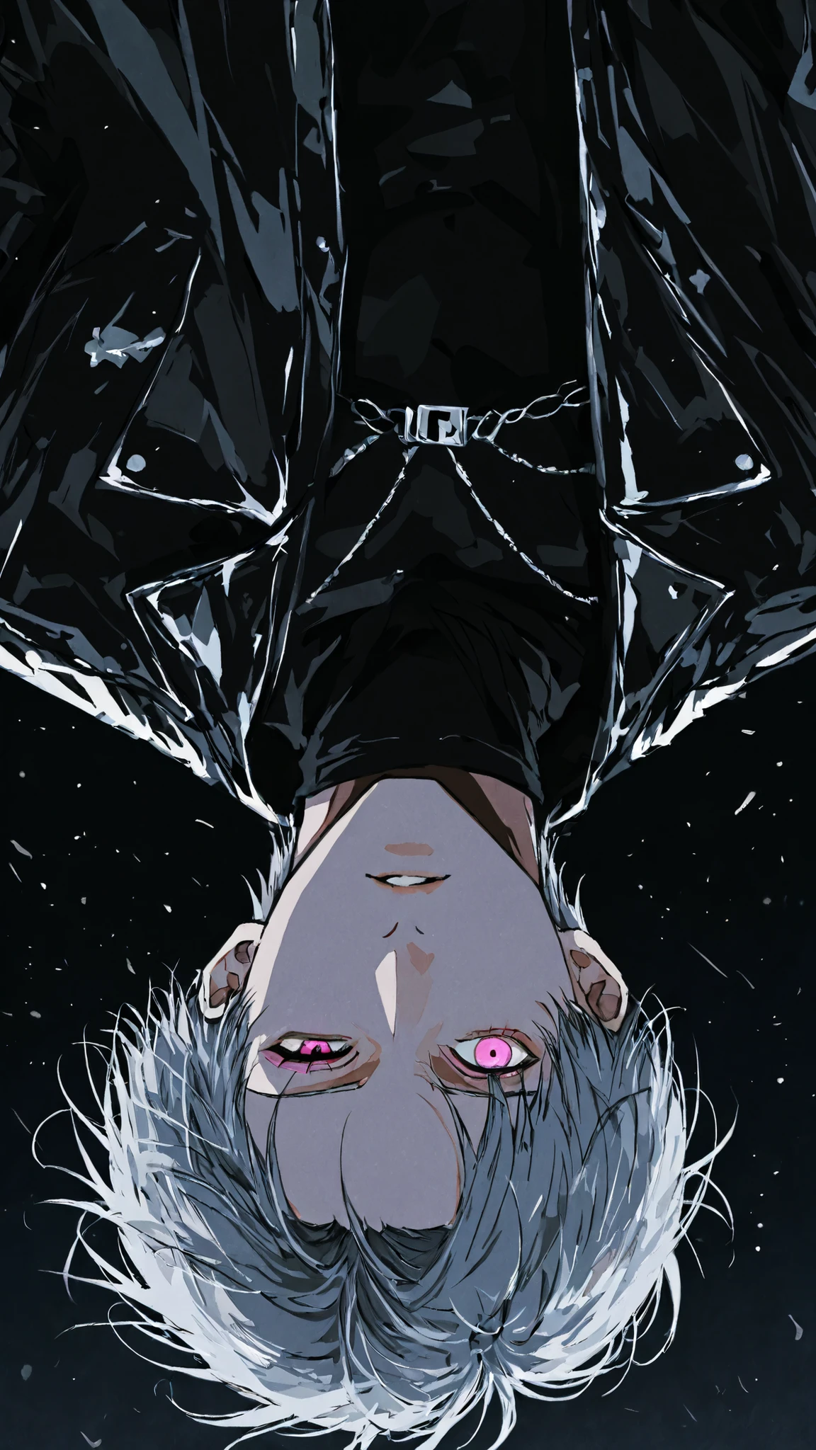 High Definition　One man　fall upside down against a black night sky　upper body　is cool　white street fashion　style is good there　gray hair　One eye looks like the moon　shocking pink eyes　the wind is blowing