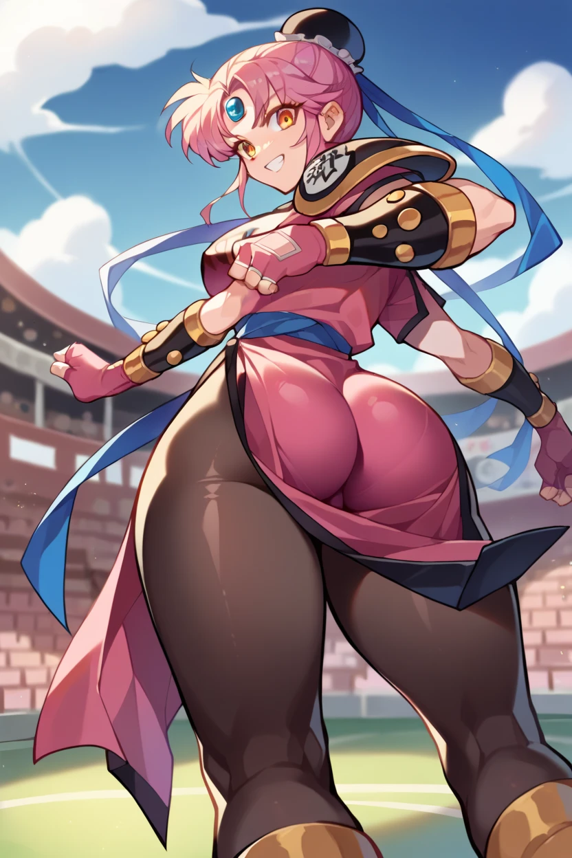 Best quality, masterpiece, 1 girl, (One:1.1), ray tracing, ultra detailed,detailed face, 8K wallpaper, (medium breast, wide hips:1.2), СакураХаруноNDV, 1 girl, Pink hair, short hair, green eyes, medium breast, hair band, without sleeves, open, smile, gray trousers, халат without sleeves, Red robe, back view, ass, hands on ass