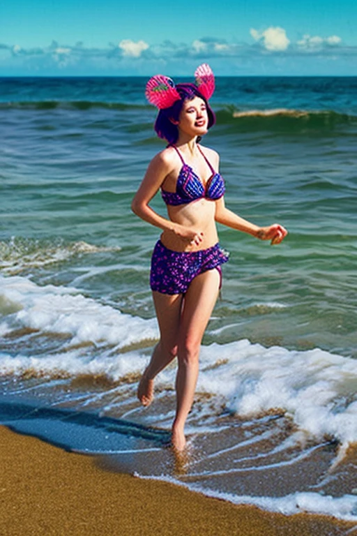 Anna Kendrick dressed in a pink latex swimming suit in a beach purple flying balloons