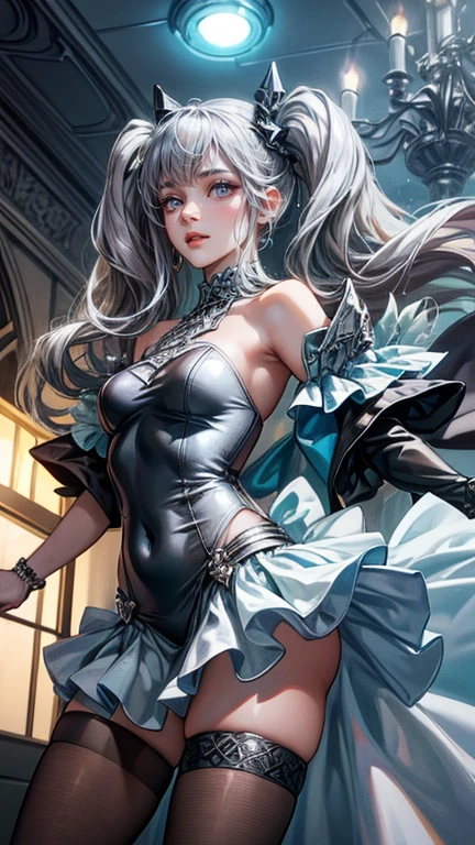 (16k, RAW photo, photorealistic:1.25), (huge breasts), (highly detailed Caucasian skin:1.2), (1girl, solo, French braid,shoulder-length long hair, looking at viewer, green eyes, full body, hair bow, grey hair, lace grey bra,Black stockings,), A close up of the person, well sunlit, sitting at the bar counter, ulzzang, ((looking at viewer)), Serene and goddess-like,Perfect body structure, perfect face, perfect hand, perfect finger, perfect feet,photorealistic,