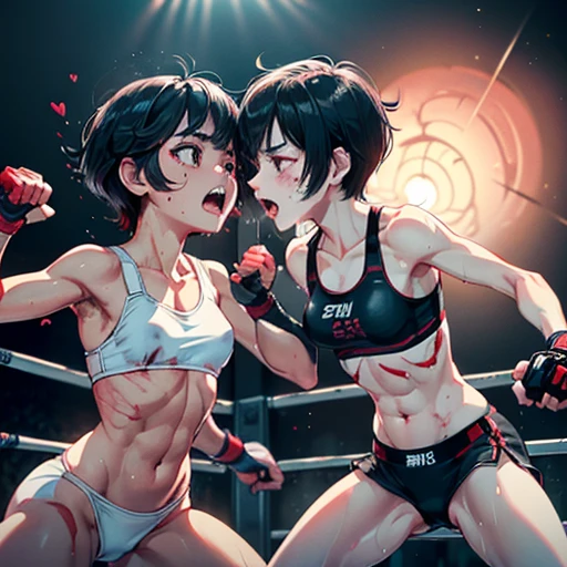 two girl fighters are face to face. They trade dynamic punches with each other. a bloody beautiful Japanese female fighters are fighting survival in the underground ring. Blood is dripping from her nose. She is covered in scars and bruises. she is damaged terribry. Short-cut black hair, out of breath, drooling from mouth, one eye closd, exhausted, drenched in sweat. Erect nipples. open finger glove. Tattered sports bra and high-leg shorts, adhesive plaster