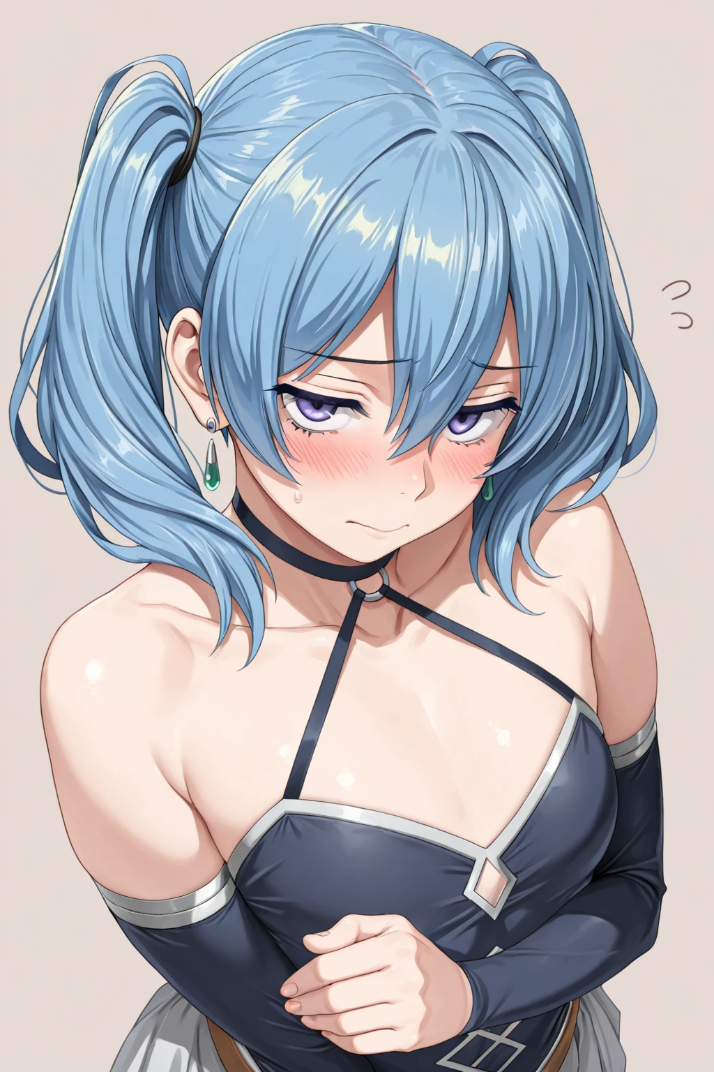 1 girl, Blue eyes, blue hair, Drill hair, gwen \(League of Legends\), in a wet white T-shirt, bra shows through, hair ornament, a high resolution, League of Legends, long hair, X, X hair ornament, enjoys, orgasm