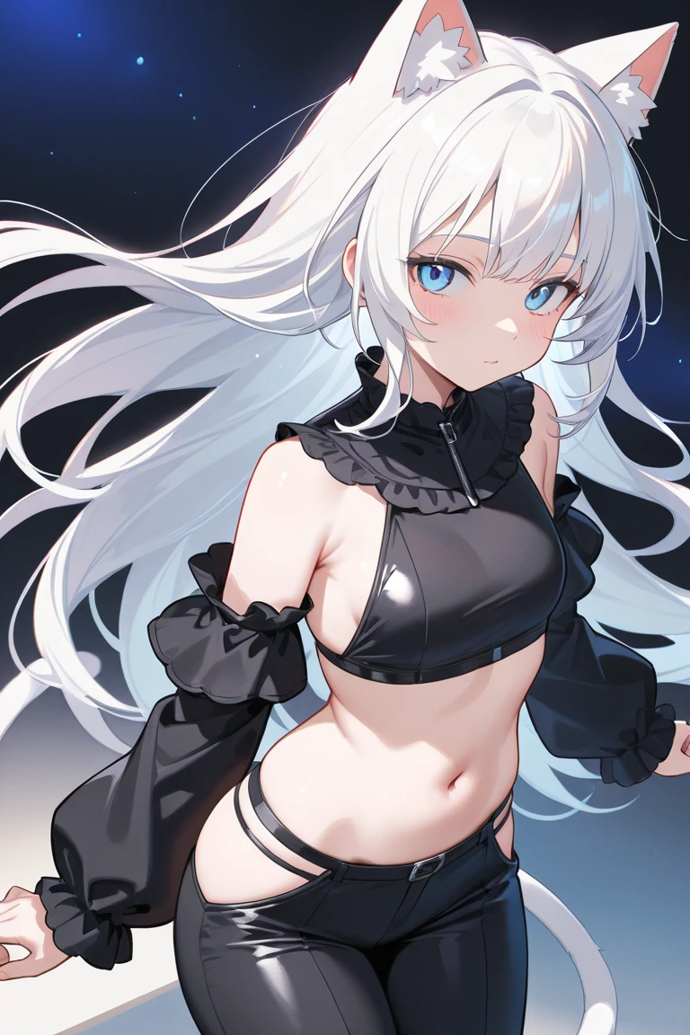 Tomboyish girl, white hair, elbow length, gray eyes, mature, has the word "seii" written on her chest, has bangs in the middle