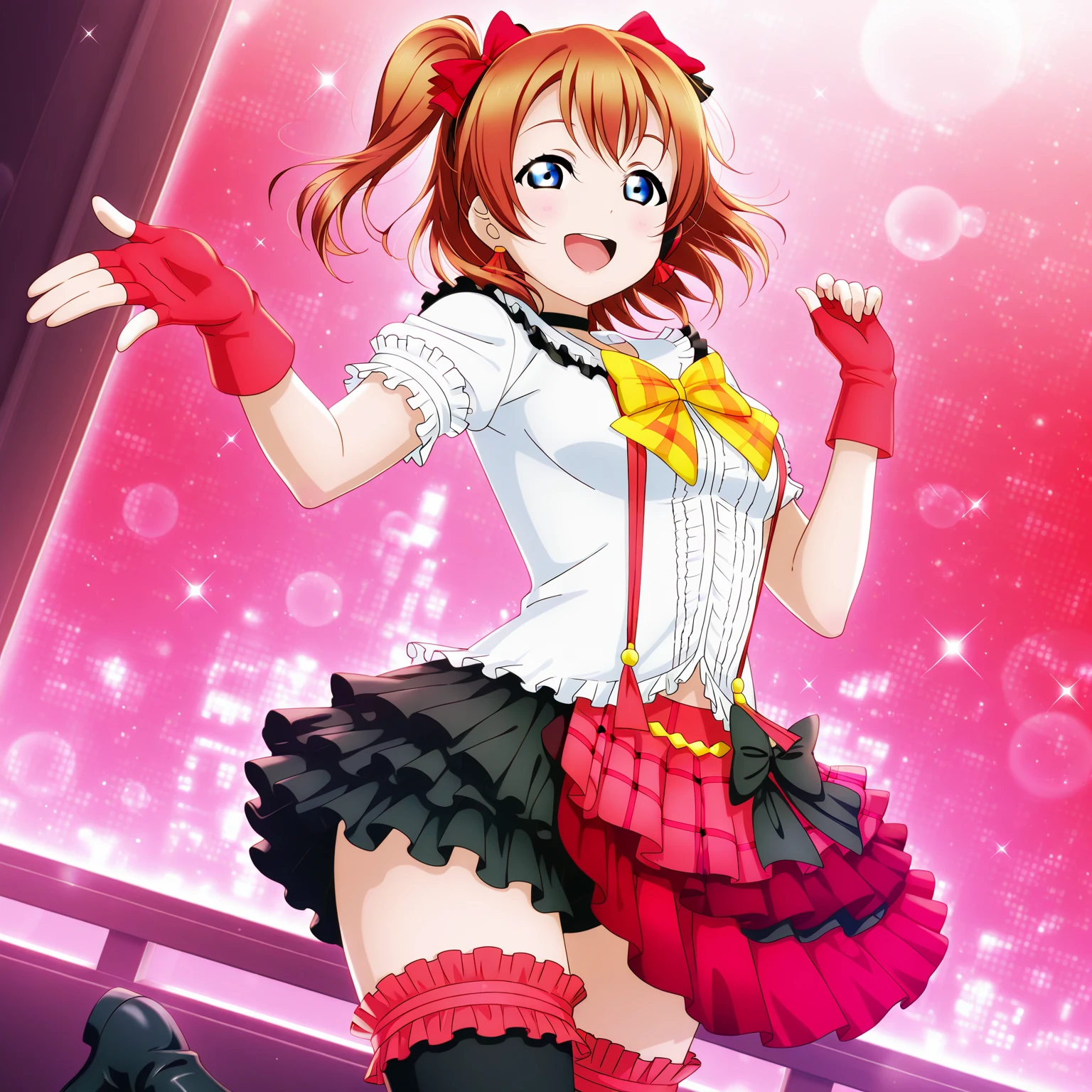 masterpiece, Highest quality, ,,lovelive,Honoka Kosaka, Frilled Chalk, (Orange chest ribbon), (One-sided ponytail with a red scrunchie), Frilled shirt, Short sleeve, Red Bow, suspenders, 4 minutes black 6 minutes red skirt, frilly knee socks, :is, A little embarrassed face, (Ultra low angle), Dancing, stage, (skirt flipped up),(vibrant skirt), (detailed panties 1.3), (cotton white panties: 1.3), (Frilled Panties: 1.3), (Focus on face and panties),