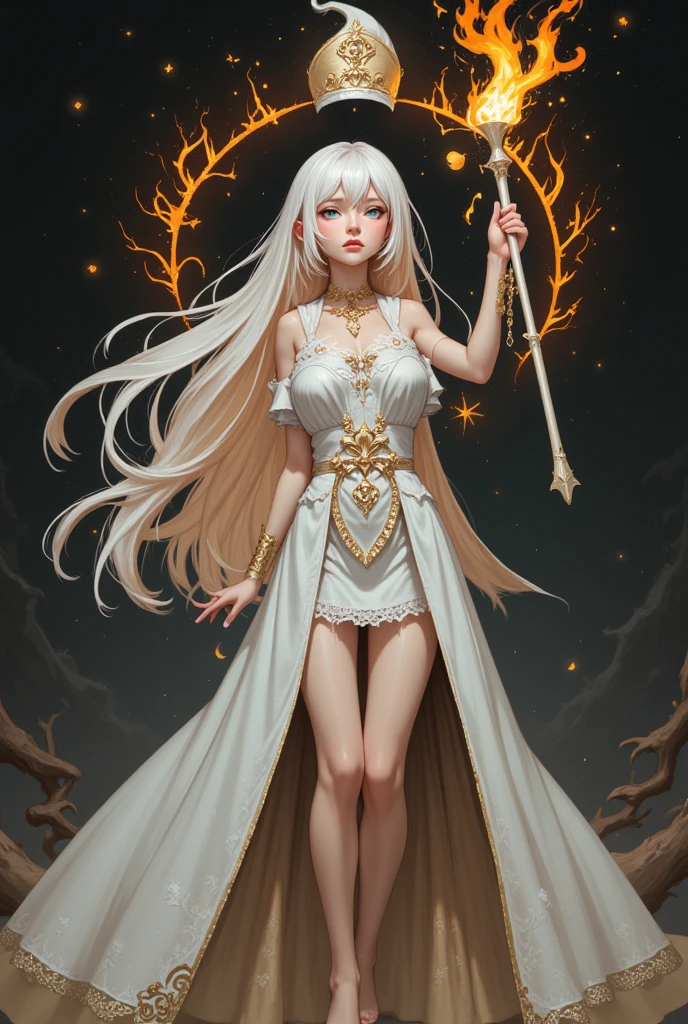 nmasterpiece,The ultra-great resolution,Mysterious world,The beautiful goddess stands on the top of the snowy mountain,Wand in hand,fire flames,The corners of his mouth smile slightly,Yingluo,little chest,Barefoot,White robe,White robe,(Short clothing),A flowing dress,The characters are well lit,The light is bright and natural,Bright picture,Clean picture,The background is a circular flame,Bright blue sky,(Light blue sky),Towering minaret,Halo,Light and bright picture,Photographic effects,ultraclear,