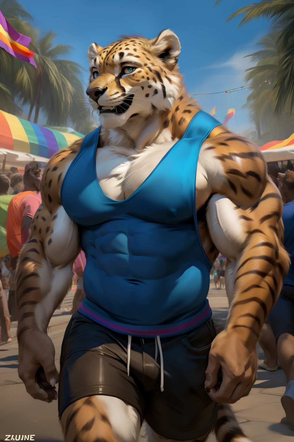 ((By Zaush)), ((By Chunie)), ((By Darkgem)), handsome, sexy, hot, muscular male anthro furry Cheetah, celebrating at a pride day festival in the city. Male, feline, furry, Cheetah, muscular, muscular male, masculine, muscles, abs, pecs, biceps, clothing, wearing clothes, wearing a muscle shirt, muscle shirt, men muscle shirt, shorts, topwear, bottomwear, smiling, smiling at viewers, looking at viewers, detailed, detailed lighting, detailed shading, detailed fur, realistic, realistic fur, detailed eyes, nice eyes, perfect eyes, outside, outdoors, city, vibrant, celebration, having fun, pride month, pride, gay, LGBTQ, pride festival, pride flag, crowd, sexy male, sexy body, hot male, hot body, bara, big male, beefy male, beefy body, big muscles, big pecs, big biceps, naval, v- body shape, nice smile, nice muscles, nice pecs, nice abs, nice face, charming, sunny, daylight, full body, focus, rainbow flag, rainbow clothes, gay.
