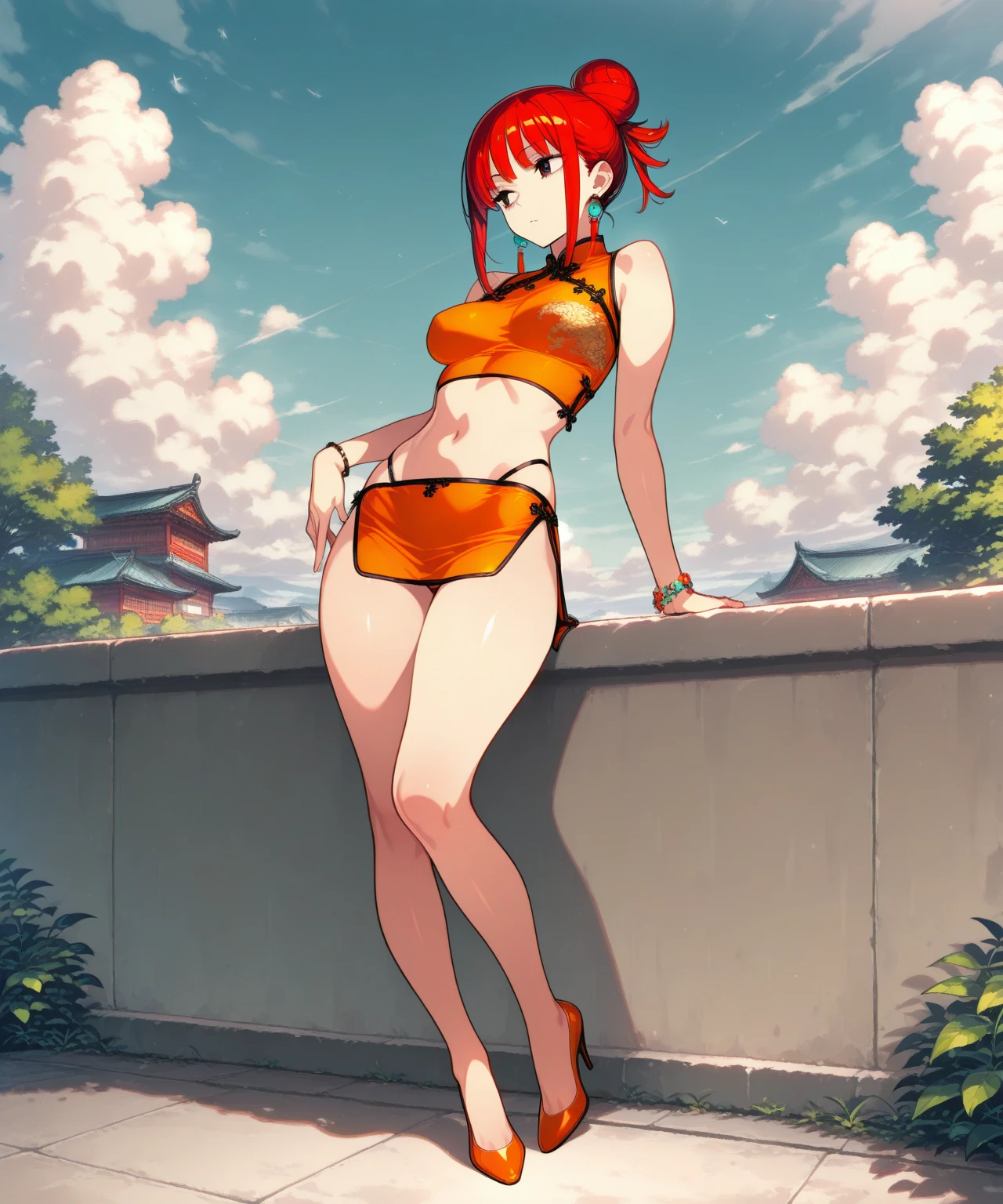 1woman, orange hair, blue eyes, orange bikini, standing on ground, high res, ultra sharp, 8K, masterpiece