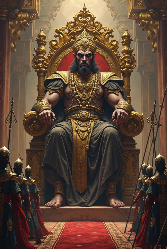 full view full body, white skinned King Xerxes, looking young and hansome, with no hair, no beard, no moustache, He is totally waxed, without a single hair, over-muscular with his over-inflated and over-bloated shoulders,legs, pecs, biceps and abs, is covered with dozens gold jewelery, rings, bracelets, necklaces and dozens of gold piercings on all body and face, golden sandals, arrogantly seated on his golden assyrian throne