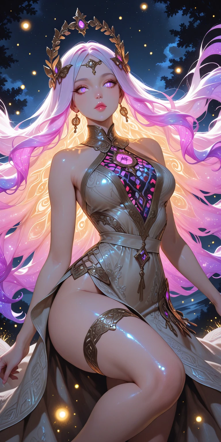 Close-up of a woman with colorful hair and necklace, anime girl with cosmic hair, soft vitality of Rossdraws, artwork in Guvez style, fantasy art style, colorful], vibrant fantasy style, Rossdraws cartoon full of vitality, universe and colorful, Guweiz, colorful digital fantasy art, stunning art style, beautiful anime style, white skin, Hulk clothes