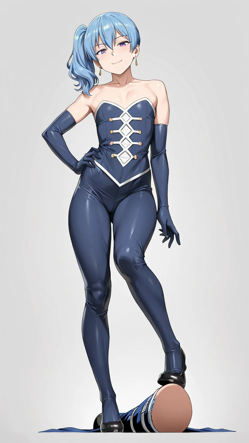 (Masterpiece, best quality, intricate details, 1sologirl) iron collar, arms behind back, iron cuffs, shackles, bound ((standing by wooden pole:1.2)) looking from above happy closed mouth