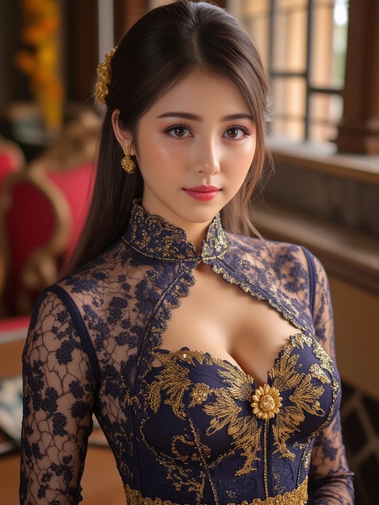 ((top-quality、masutepiece、8K、Top image quality、Highly complex and detailed depictions))、(Spanish prostitute upper body photo:1.3)、Luxurious medieval Spanish brothel、the most luxurious prostitute costumes、((The most beautiful medieval Spanish courtesan costumes、The most luxurious medieval Spanish costumes、The most luxurious and huge whore bedroom、The most luxurious brothel bedroom imaginable、A very luxurious medieval Spanish brothel、Medieval Spanish brothel bedroom at midnight、Very complex decoration)、(View me、Bewitching smile、Perfect makeup、long eyelashes、lipsticks、eyeshadows、perfect anatomia、A slight smil)、(Depth of field is deep:1.5)、(Detailed and complex background:1.3)、(Clear background of a huge medieval spanish bedroom:1.3)、(accurate anatomy:1.3)、((spectacular movie lighting、romantic warm lighting))、(Obscene mood 1.1)、(romantic mood night:1.3)、(Perfectly recreates the atmosphere of medieval Spain:1.5)