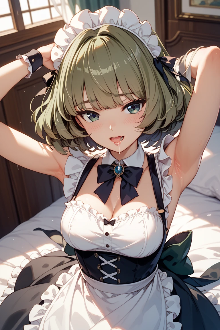 (Best quality, 8k, 32k, Masterpiece, UHD,:1.2),RAW, human, 1girl,ultra cute , ultra cute, natural lighting, transparent shining eyes, 20yo, medium breast ,femur, fair complexion , flushed face, ,Homemade Country Dress,long-sleeved dress in muted colors, Handmade apron for practicality and style, sturdy fabrics like cotton, Happily Smiling, ((sitting with legs outstretched)), on sofa, emerald green, From the front and above, Closeup shot, Cleavage Cutout, blonde ponytail, arms between legs, emphasizing the Cleavage, breast shot, heart, off-shoulder