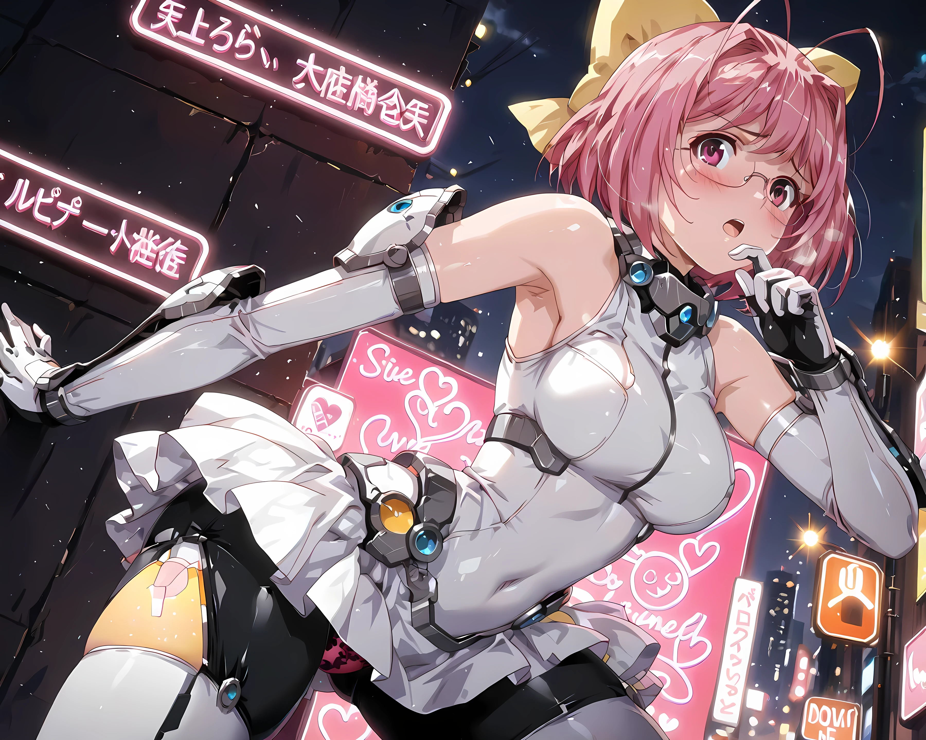best image quality、top quality、masterpiece、4K、8K、high definition anime style、5 anatomically correct fingers、depth of field、alone、 solo、very young female、 kanon nakagawa, nakagawa kanon , short hair, pink hair, hair bow, pink eyes, antenna hair, mature female, medium breasts, worried brow, blushing, embarrassing expression, rough breathing, sci-fi biological skin style armor like Skin-tight fit white armor、 White skin-like Skin-tight fit non-NSFW panties、white skin、Shining bright pink eyes、 anatomically correct human female removed red-rimmed glasses from face completely and hold it in your hand. , The ultimate and perfect idol-like cute pose、 bare shoulders, bare armpits, bare thighs, thighhighs, zettai ryouiki、In the streets of a sci-fi style futuristic city, She and her surroundings were naturally lit, yet in the distance neon lights shone brightly., Japanese singing voice sound effects、Five fingers, jack-o'_challenge, Heart Effect