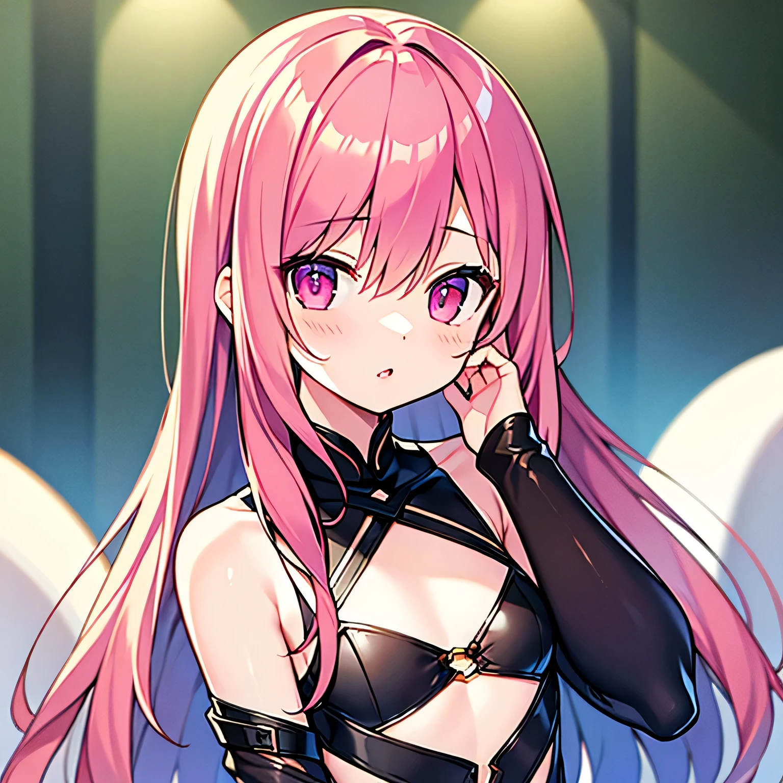 (8K, top-quality, masterpiece:1,2), (reallistic, Photorealsitic:1.37), Super Detail, One girl,), (Highly detailed), (beautifully detailed eyes), (of the highest quality), (super detailed ), (masterpiece), (Detailed face),20yr old, ,1 girl, ((pink hair,long hair)), medium breasts, clothed, Perfect Lighting, BREAK, (cut-out glossy bodysuit:1.5), (midnight green:1.3), (satin:1.2), (shiny:1.3), (white lines:1.2), (shoulder cut-outs:1.2), (chest cut-outs:1.2), (tight-fitting:1.2), (silver chain necklace:1.2), (silver hoop earrings:1.2), (blue suede pumps:1.2), BRAKE, (high quality:1.5), (upper body and thighs:1.3), (long wavy pink hair:1.3), (mysterious smile:1.2), (downcast eyes:1.2), (looking at viewer:1.2), (hands in front of chest:1.2), (one leg forward:1.2), (tiptoes:1.2), (cutouts visible:1.2), (burgundy background:1.2), (dramatic lighting:1.2), BRAKE