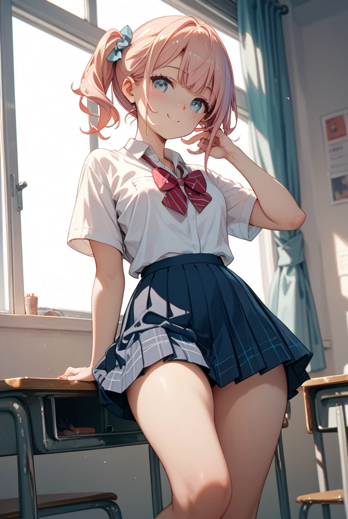 Masterpiece to the smallest detail、top-quality、girl with、17 age、独奏、Looks like a 12-year-old、150cm petite beautiful girl、small tits、a baby face、red hairs、The Perfect Five Fingers、Gradient Bob Forward、Pink and purple mesh、red eyes、Red Eyes、tall, Big eyes、Outstanding looks、A lovely child、proximity、Closed_Mouth、A smile、red blush、full of shyness、blue headwear、Hats、pink bowtie、校服、 Blue jacket、jaket、skirt by the、Gray skirt shirt、white shirt、an legs、Black socks、sitting on、Classroom、hair_ornament detached、up looking_で_viewer、beatiful detailed eyes、Akame、Striped panties、((Panties in full view)) lift up one's skirt、Professional effects、