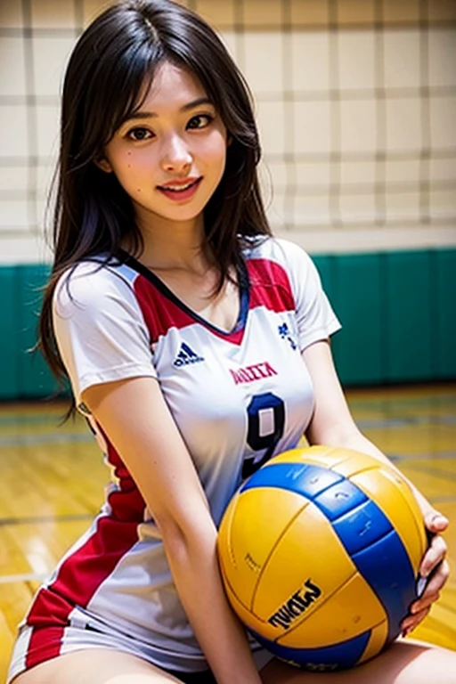 Highest quality, masterpiece, Ultra-high resolution, (Realistic:1.4), Raw photo, One girl, The most famous Japanese actresses, Wearing a volleyball uniform, Very beautiful face, very beautiful big eyes, Very beautiful hair, Very beautiful skin, Very beautiful long eyelashes, Very beautiful lips, Very beautiful hips, Very beautiful thighs, Upturned buttocks, Dynamic Pose, An innocent smile