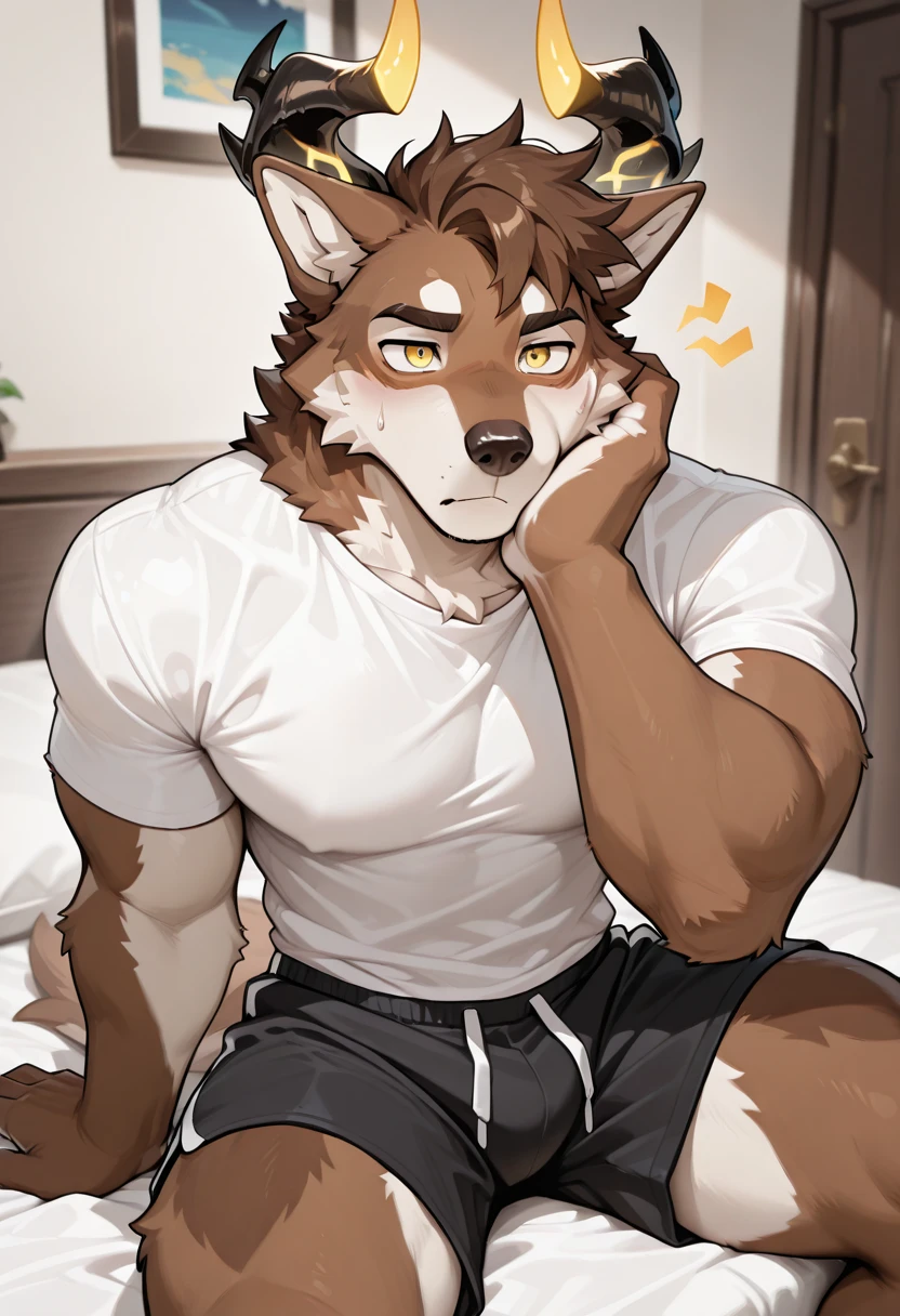 （Furry art，Uploaded on e621：1.4），（tmasterpiece：1.3），（best qualtiy：1.2），（2D：1.0），（illustratio：1.0），（Sharp：1.2），（Light_environment），（onbed），（Pubic area is clear，Shiny：0.8），（impasto：1.1），（ultra - detailed：1.0）（1boys，Solo exhibition），（shaggy：1.6），（coyote：1.2），（Robust）（Tall）（strong）（shorter pants）（Milk in his mouth）（Open-mouthed）（Be red in the face）（is shy）（male people）