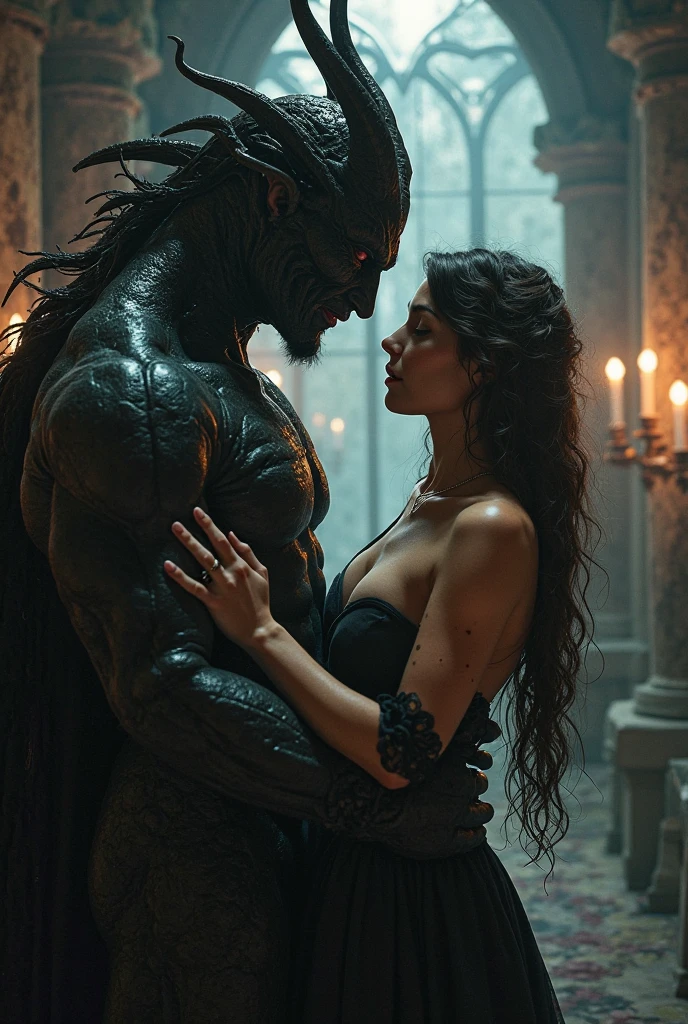 Brutal black lusty ugly bold sinister orc hugs overtightly around the waist and kiss frightened stunning tall elegant elven lady with long blonde hair worn in a bun, sugar face, contrast makeup and fair skin,wearing a inlaid tiara and dazzling earrings, dressed in exquisite elegant short lace dress with high heels and tights that accentuate her delightfully beautiful perfect body. Crowd of black evil orcs in the background. She closes her eyes and screams in pain and despair.