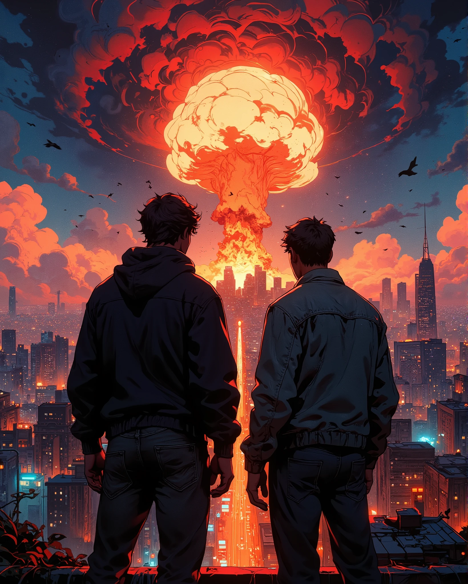 Two men standing side by side with their backs facing the camera, wearing casual modern clothes — one in a dark hoodie, the other in a worn denim jacket. They are positioned on a rooftop or elevated hilltop overlooking a vast cityscape at night. The city below is lit with thousands of glowing lights and faint traffic lines, but in the distance, a massive nuclear explosion is erupting — a fiery-orange mushroom cloud rising high into the night sky, lighting up the horizon with an eerie, burning glow.
The shockwave is visible, and flocks of birds are frantically flying away from the blast, their silhouettes captured mid-flight. The sky is filled with dramatic, storm-like clouds tinged with red, orange, and violet from the explosion. Streetlights flicker, distant sirens glow, and the edges of the scene are blurred with smoke and heat distortion.
The overall mood is dark, surreal, and cinematic — blending apocalyptic chaos with quiet resignation. High detail, ultra-realistic, dramatic lighting, deep shadows, glowing highlights, atmospheric fog, depth of field, 8k resolution, ultra wide-angle shot, cinematic tone.