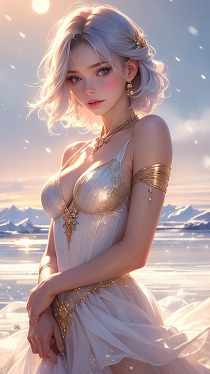 (((masterpiece))), ((best quality, Ultra high resolution)), starry sky, under the sky, starlit night, on the lake surface, full body, 1girl, 16 years old, expressive eyes, perfect face, perfect hands, perfect fingers, perfect legs, (delicate illustration), shining sliver eyes, beautiful eyes, bob cut, silver hair, (big breasts:0.9), happy, smile, embarrassed, goddess, white long dress with deep slit, golden aura, gold tiara, gold bracelet, standing, wide spread arms,
