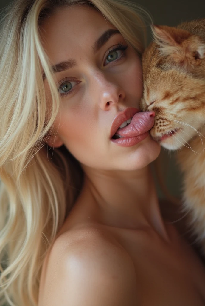 naked blonde, small tits, fat pussy lips, playing with her hairy pussy