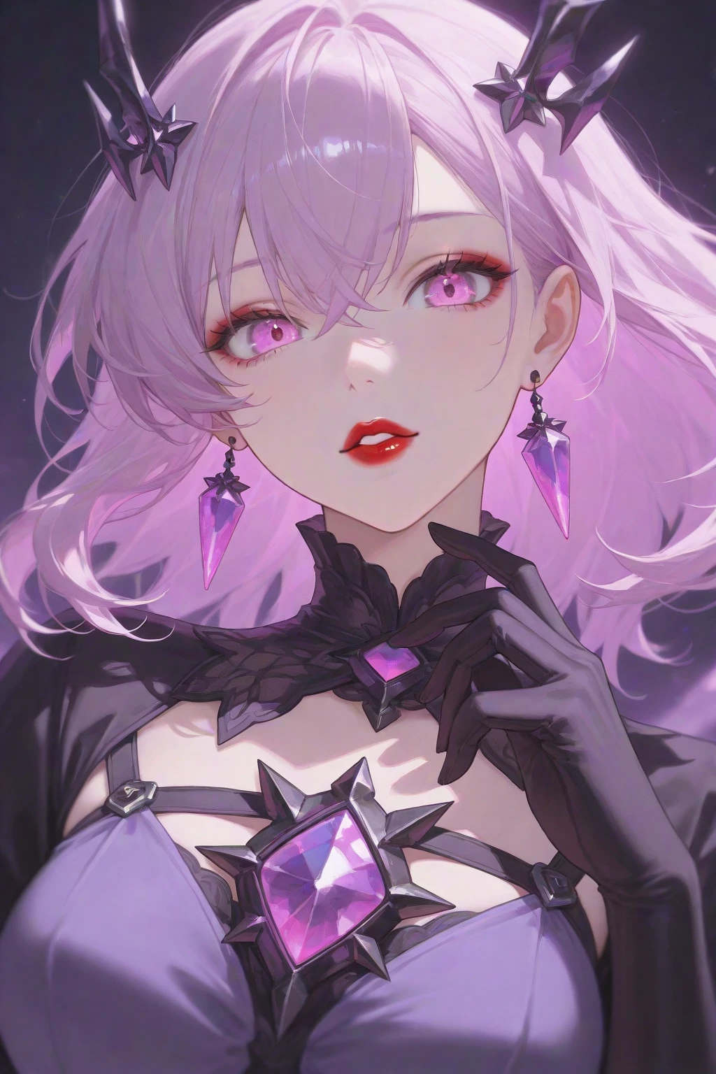 1. **Style and setting:** - The illustration must have a detailed and realistic anime style. - The setting must be dark, with predominantly purple and lilac tones, suggesting a nocturnal or dark interior atmosphere. 2. **Main character:** - **Face and expression:** - The character must have a young and feminine face, with a serene and slightly pensive expression. - Large and bright eyes, deep violet with luminous details. - Long and defined eyelashes. - Soft and well-defined lips, with a slight pink sheen. - **Hair:** - Deep purple hair, with lighter highlights to give depth and volume. - Hairstyle with soft curls and volume, partially gathered with a decorative clip. - The clip must have details in pastel colors, especially pink and yellow, with a delicate design. 3. **Accessories:** - **Glasses:** - Thin-framed, translucent glasses in lilac tones. - Large glasses that frame the character's eyes well. - **Jewelry:** - Long, elegant earrings with details in purple and silver tones. - Delicate necklace with a small pendant, with silver details and a touch of lilac. - Dark purple ribbon choker with a minimalist design. 4. **Clothing:** - **Top:** - Black blouse with lace details on the edges. - Moderate V-neckline, showing an additional necklace with a simpler design. - **Accessories:** - A light jacket or cape over the shoulders, also in dark tones, probably black or a very dark purple. - Additional details in the clothing should include small flashes or reflections that follow the predominant color scheme. 5. **Background:** - Dark background, but not completely black, with subtle gradients of purple and dark blue. - Add diffuse elements in the background to give depth, such as soft, diffused lights that suggest a dim room or interior space. - Include a thin frame around the illustration in a shade slightly lighter than the background, to highlight the main character.