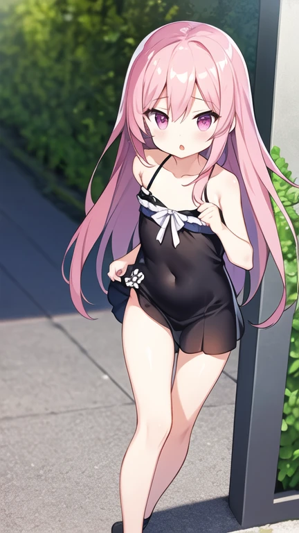 Kamado Nezuko, 1girl, closed mouth, smile, flower, long nails, looking at the viewer, petals, pink eyes, purple hair, ((masterpiece)), cat lingerie, embarrassed, surrounded by people, walking on the street in public, nsfw, ecchi style, hands behind head, showing belly, walking in school