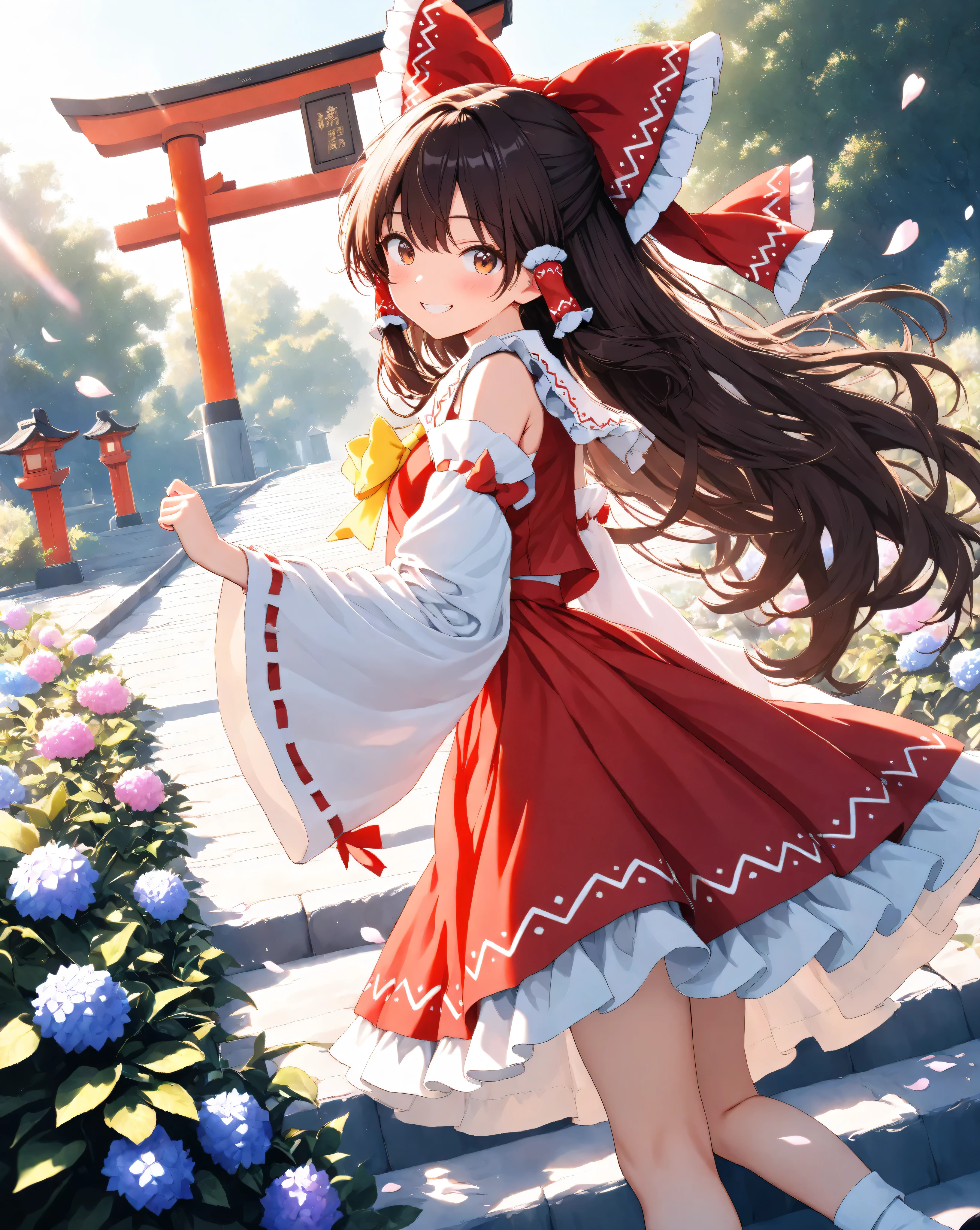 Quality:
(high score), (masterpiece, detailed:1.2), (ultra-detailed), (ultra-quality), (super-resolution), (detailed-background),

 Art Style: (photorealistic):1.4, (2.5D):1.5, (golden hour lighting):1.6, (warm cinematic lighting):1.5, (volumetric light rays):1.4, ray tracing, depth of field, (vibrant sunset pastel palette):1.3, dramatic angle, (ethereal atmosphere):1.2, (dreamy aesthetic):1.1 

Subject:
(touhou hakurei reimu):2.0, 1girl, (very young girl):1.3,  (child):1.2, (cute):1.3, (Sassy pose):1.3,(childlike joyful grin):1.5, playful expression,
(brown hair),(long hair),(hair bow),detailed strands of hair, silky smooth texture, flowing like it flutters in the wind, natural shading and highlights, 
look at viewer,brown eyes, (delicate vivid eyes),(delicate and moisturized lips),
petite, short stature, (Slender body lines):1.5,graceful knee lines, natural and beautiful leg lines, delicate body contours,

Clothing:
(touhou hakurei reim's outfit):1.5, (red dress), (white bell sleeves):1.3, (wide sleeves), (frilly cuffs), (white frilly skirt hem), (large red hair bow), (yellow ribbon on collar):1.5, (white collar), (white tabi socks), (black mary jane shoes with buckles), jane shoes with buckles),

Background : (morning after rain, clear sky):1.5, (gentle sunrise hues), (fresh blue and soft pink gradient), (vibrant hydrangeas in foreground):1.4, (dew drops on petals), (lush green foliage), (bokeh effect on hydrangeas):1.3, (shallow depth of field), (traditional Japanese shrine in mid-ground):1.3, (torii gate), (stone lanterns), (visible rainbow arching in sky):1.5, (distant misty mountains):1.2, (softly blurred background), (post-rain morning light):1.6, (fresh and clear light), (subtle lens flare from low sun), (soft light filtering through leaves), (mist rising from ground) 