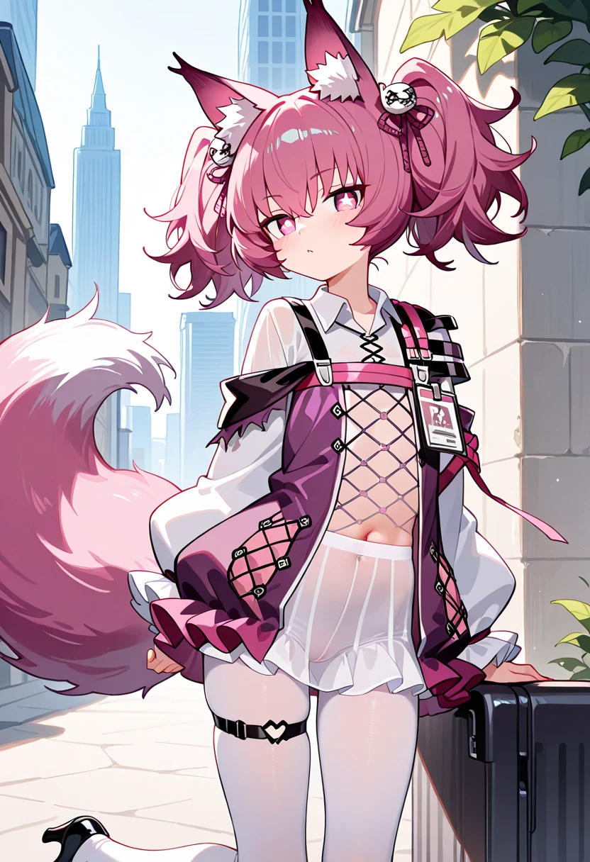 Nazuna, (1girl), (furry), (furry female), smile, outside, full body, ((clothed)), fox girl, body fur, ((pink fur)), pink hair, fox ears, fox tail, bedroom, looking at viewer, ((high res)), digital painting, latex, latex bodysuit, bodysuit, ((black))
