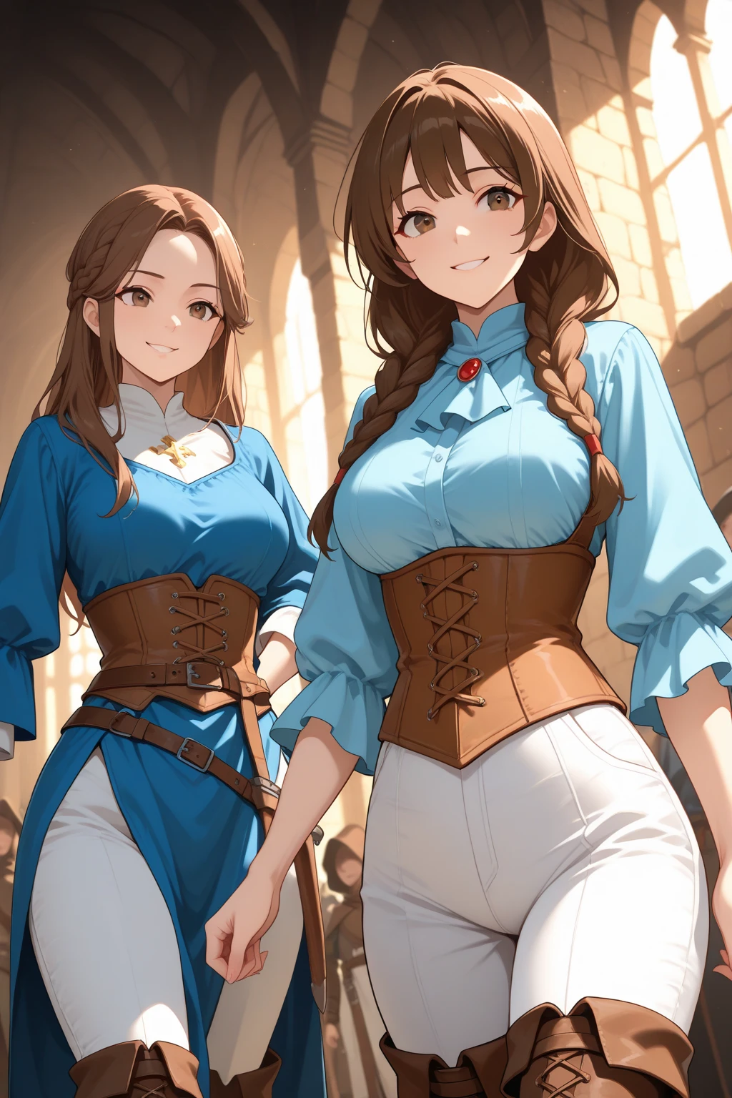 Grown girl, blue armor, medieval Europe, fantasy, princess knight, brown hair, brave, powerful