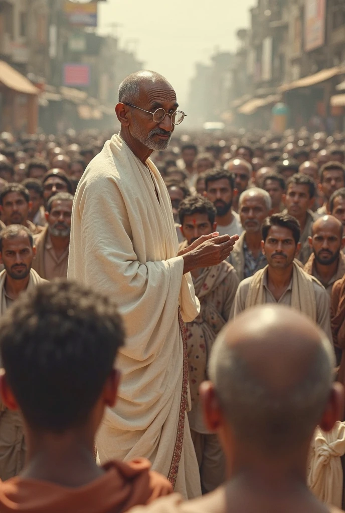 A dramatic scene of Mahatma Gandhi delivering a passionate speech on unity and non-violence, surrounded by a diverse crowd, with Godse watching in the background, his face full of frustration and inner turmoil. Historical images looks