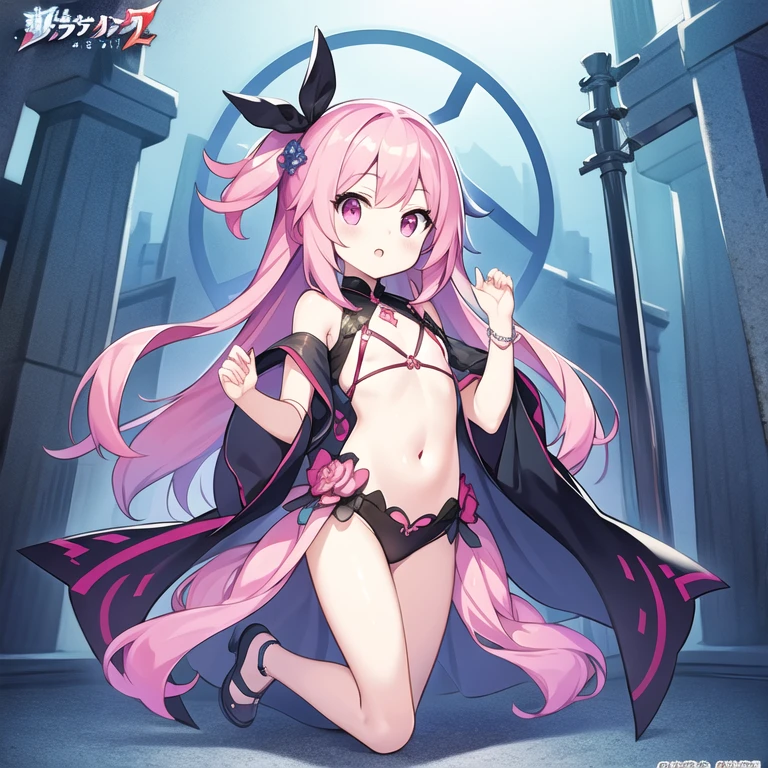 1womanl、When I reincarnated, I was a slime character（child）、work of art、top-quality、precise、and souls、child Demon King、Aimei、Beautiful and detailed blue eyes、pink  hair、twin-tailed、Proud double tails, very short black bikini 、medium breasts、Fiel ao original、((bare feet)), muscular belly, beautiful muscular legs, legs thick, (ssmile), standing, (full body shot photograph), city scene, night and starry sky