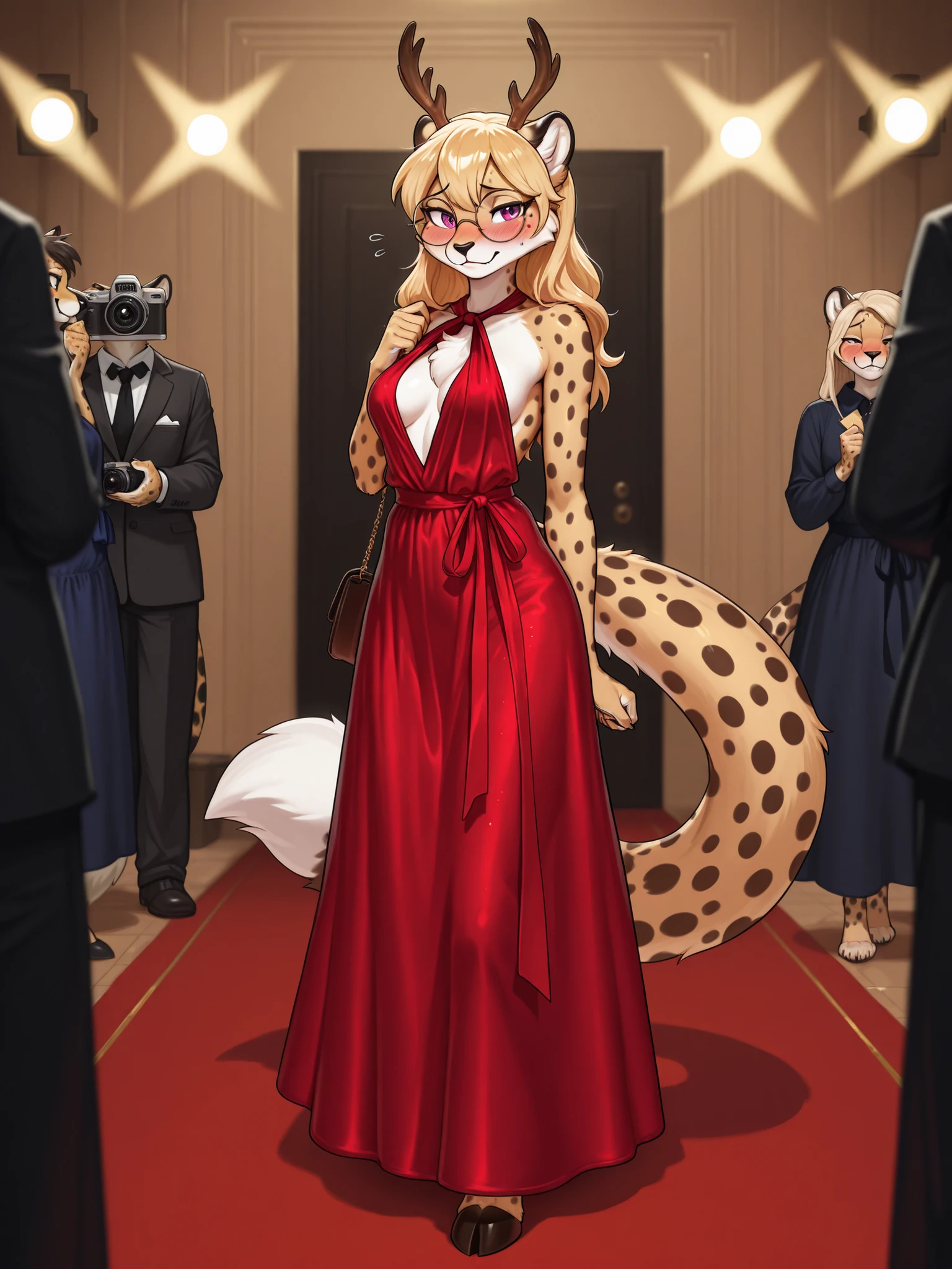 Solo, Score_9, score_8_up, score_7_up, kemono style, Kimiko, An Anthro furry red panda girl, red furry body, red panda tail, , black nose, red hair, braided hair, majestic, long legs, athletic arms and legs, green emerald eyes, toned legs, toned thighs, mid angle shot, gorgeous, high quality, modest wedding dress, walking down aisle, blushing, white straps around legs, heels, beads around arms, beads around legs, wooden ornaments, see through sleeves, elegant dress, red dress, long dress