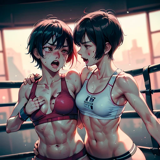Drenched in sweat. she is competing in a mixed martial arts ring. She is being punched by her opponent girl. She is bending over with her eyes closed. Cute Japanese high school girl with short-cut black hair. She is out of breath with her mouth open, wearing a sports bra, high-leg shorts, and open finger gloves. Small breasts, poor belly, slender body, poor body.