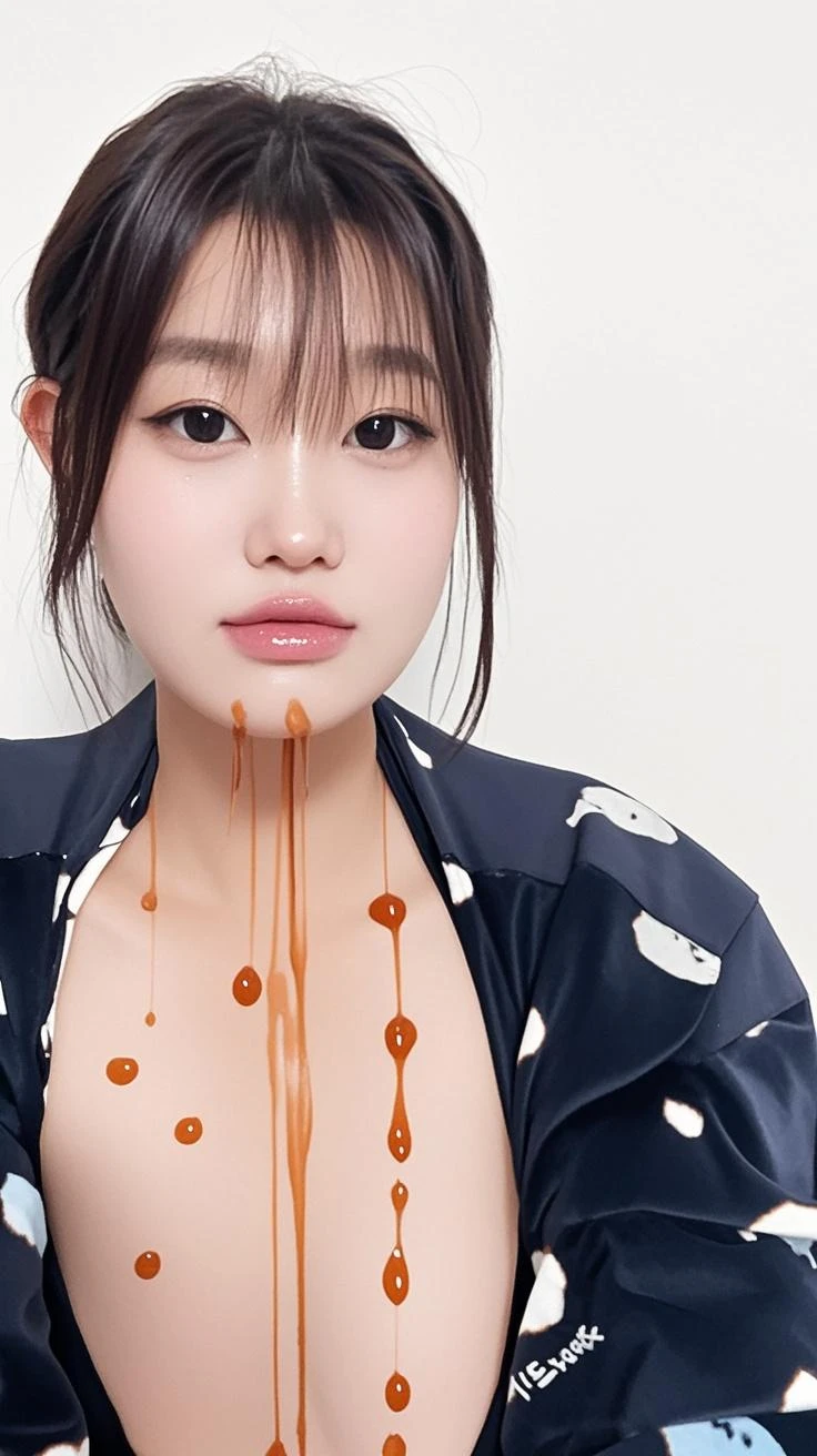 (best quality:1.2), masterpiece, Realistic, Ultra-high resolution, (((a beautiful Japanese idol 12 years old woman:1.2))), ((Gaunt:1.3)), (((Very flat chest:1.4))), ((Baby Face)), villainess, arms up, show me your armpit:1.2, (((tip of sausage touches her armpit:1.2))), (She has condensed milk poured all over her body), (completely nude:1.2), ((Armpits are wet and shiny with sweat:1.2)), She has skin that sweats easily Soaking wet, Sweaty, ((I can see my pores:1.4)), ((Frightened expression:1.3)), (((Put a very-long-sausage in her mouth:1.3))), (torture chamber, prison:1.5)