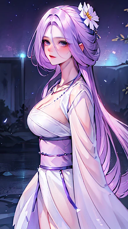 Huge bust of the beautiful aristocratic maiden,Light purple hair elegantly curled,purple light eyes,The hair is covered with a beautiful and delicate floral craftsmanship,ultra-detailed details, Magic light, In the Deep forest, naked, Starry sky, Midnight, wet by rain, wet body, sensual white dress